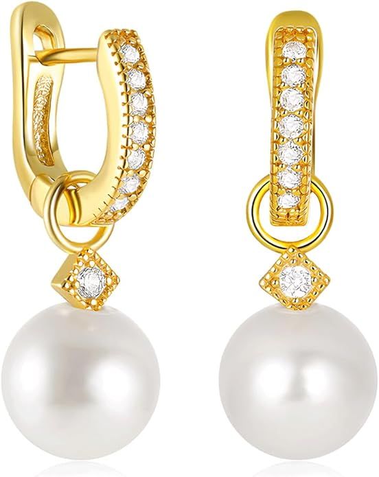14k Gold Plated 925 Sterling Silver Pearl Hoop Earrings For Women, Pearl Huggie Earrings, Pearl D... | Amazon (US)