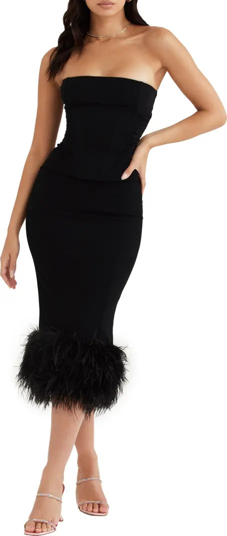 HOUSE OF CB Fionula Strapless Feather Hem Midi Dress | Nordstrom | Nordstrom
