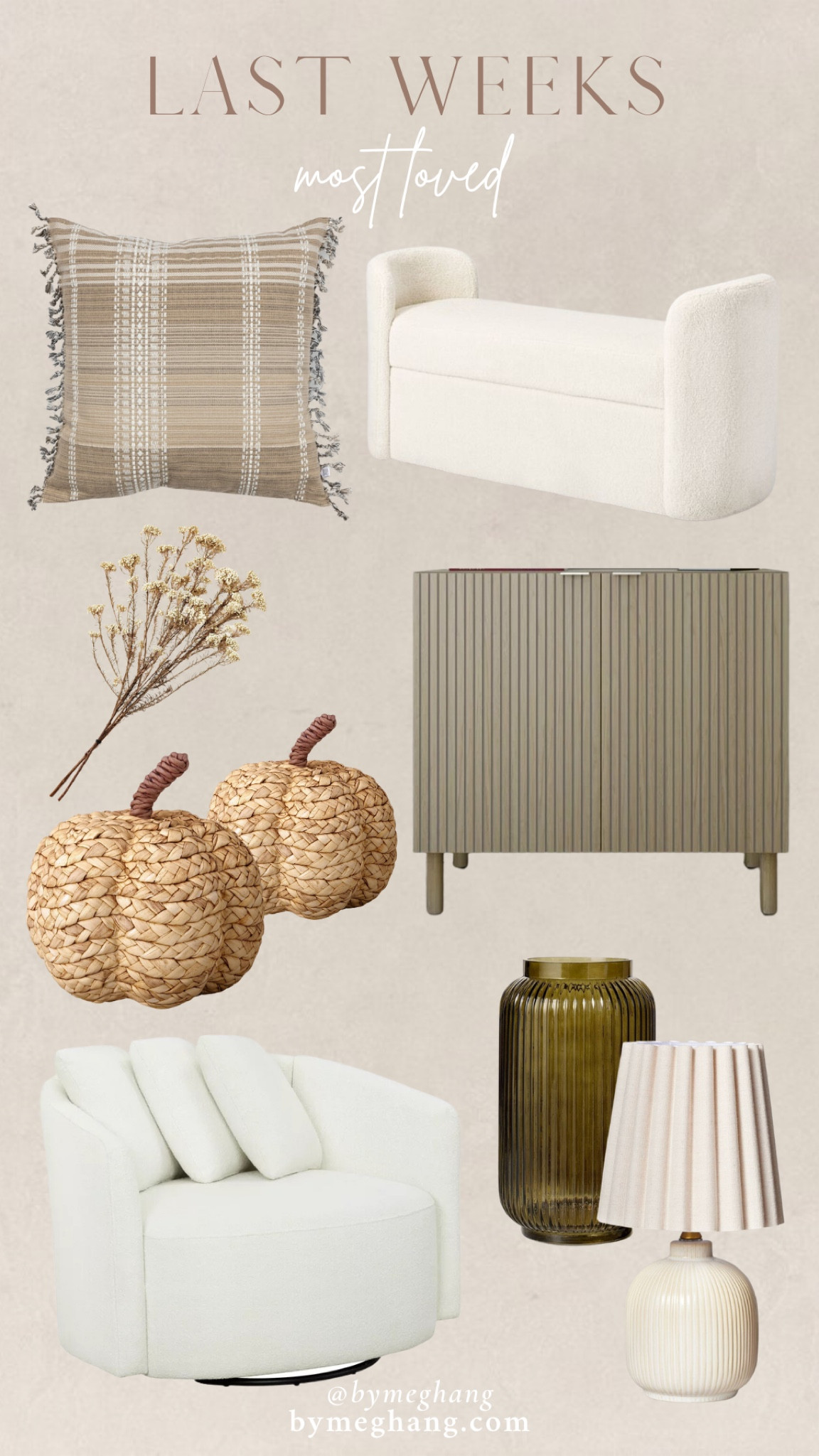 Last weeks most loved items! Affordable plaid throw pillows, boucle bench, fall stems, affordable cabinet, woven pumpkins for you fall decor, swivel chair under $300, green fluted vase, cutest mini lamp 

#LTKFind #LTKhome