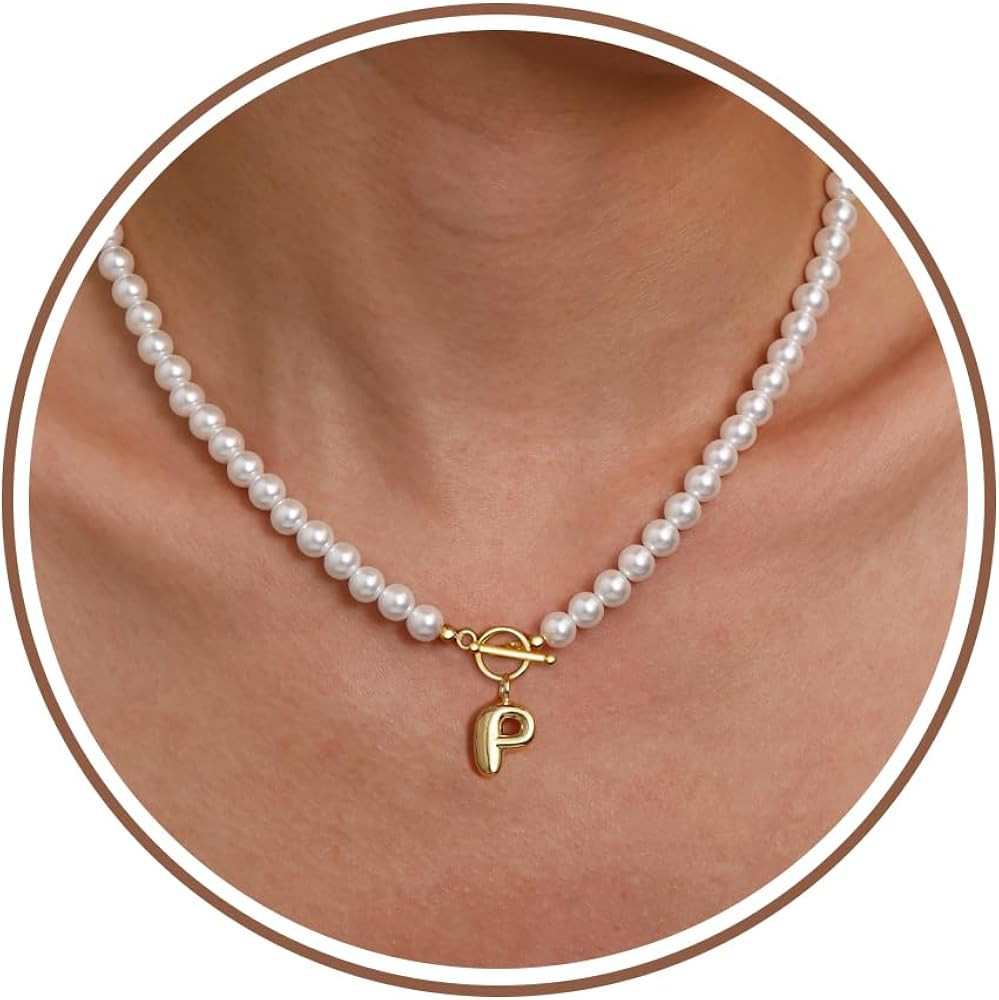 Pearl Necklaces for Women Bubble A-Z Initial Necklace Gold Dainty Pearl Choker Necklace Anniversa... | Amazon (US)