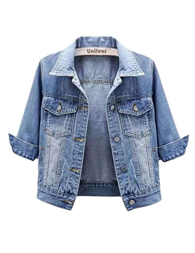 Unilexi Women's 3/4 Sleeve Colored Cropped Denim Jacket Light Wash Short Jean Jacket Trucker Coat(0096-LightBlue-L) | Amazon (US)