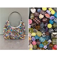 90S Y2K Silver Top Handle Handmade Multi Color Beaded Purse, Plastic Beads, Happy Face, Stars, Moon, | Etsy (US)