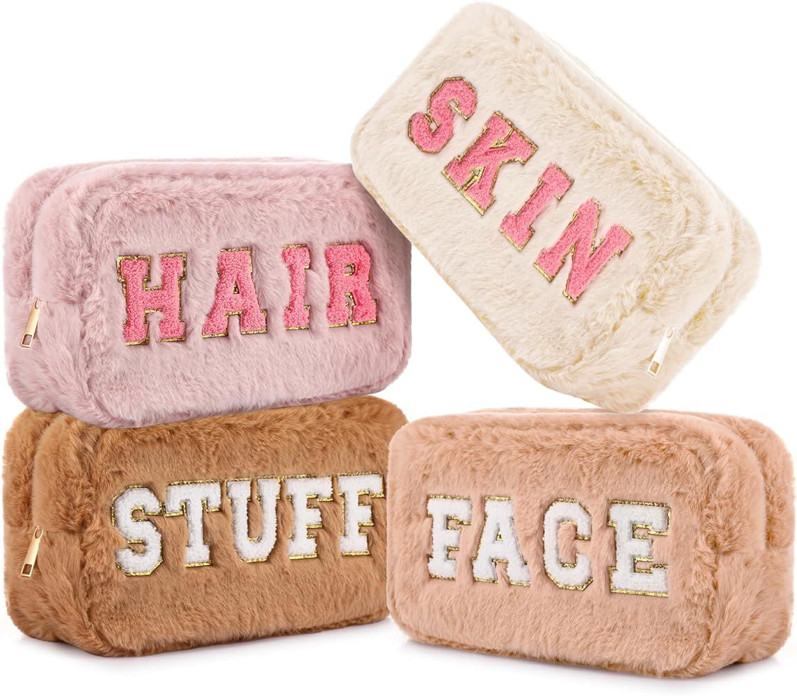 Paterr 4 Pieces Chenille Letter Preppy Makeup Bag Plush Fuzzy Makeup Bag Cosmetic Bag Hair Skin F... | Amazon (US)