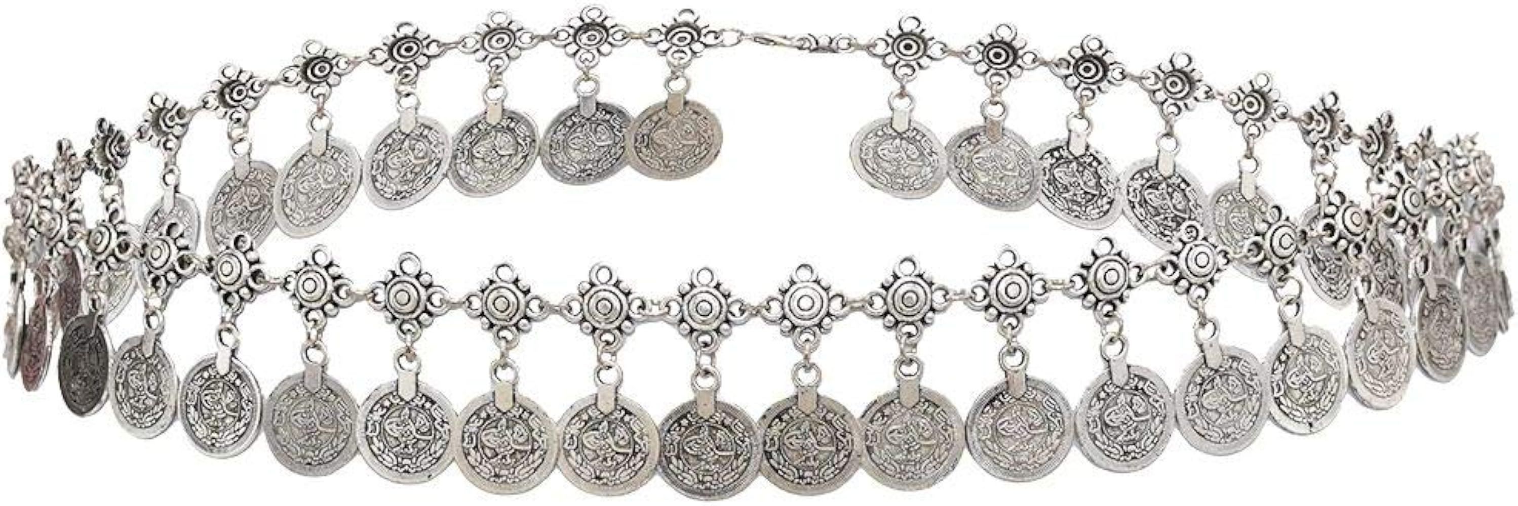 idealway Gypsy Silver Dangle Coins Belly Chain Hippie Boho Belt Belly Dance Chain Body Jewelry | Amazon (US)