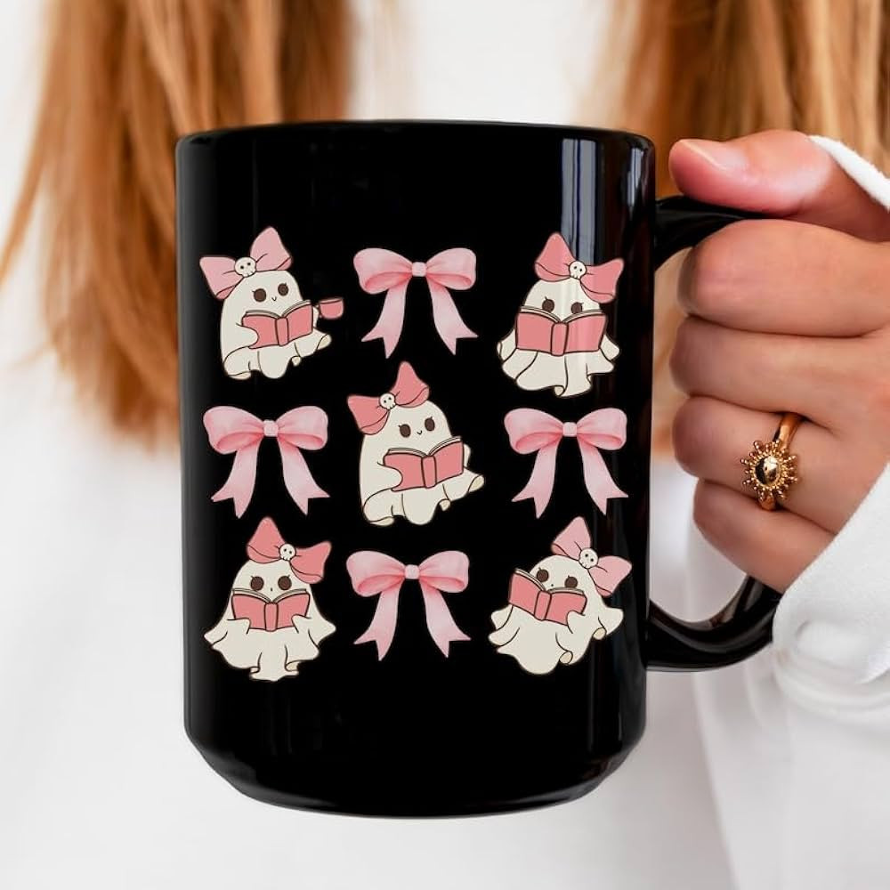 Pink Retro Ghosts and Bows Reading Coffee Mug, Pink Halloween Coffee Cup, Teacher Gift, Bookish G... | Amazon (US)