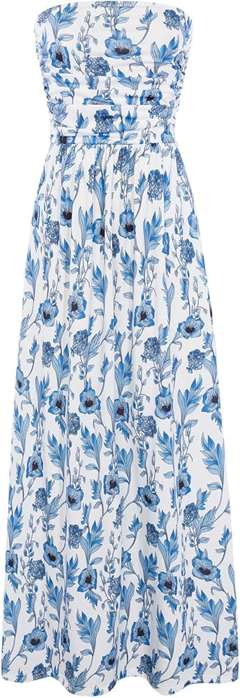 GRACE KARIN Women Strapless Dress Casual Loose Ruched Long Maxi Dress with Pockets | Amazon (US)
