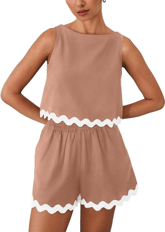 GRECERELLE Women Summer 2 Piece Outfits Set Lace Trim Crewneck Tank Crop Top and Shorts Lounge Pa... | Amazon (US)