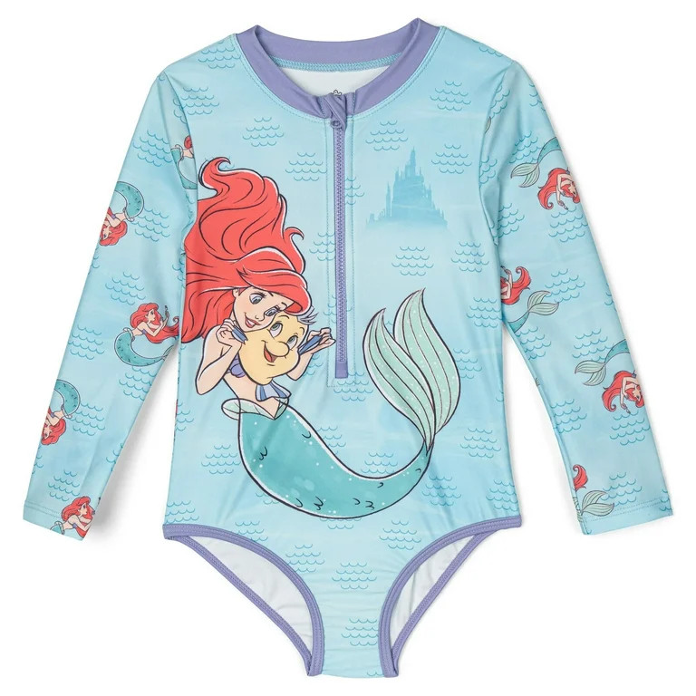 Disney Princess The Little Mermaid Ariel Half Zip One Piece Bathing Suit UPF 50+ Toddler to Big K... | Walmart (US)