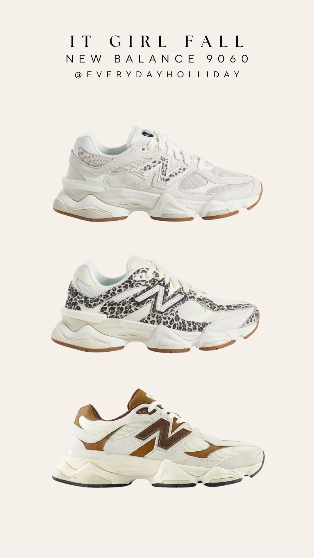 The New Balance 9060 is everywhere right now and I couldn’t pick just one colorway. Which pair would you grab first — neutral, leopard, or the brown combo?

#LTKootd #LTKmomlife #LTKSeasonal
