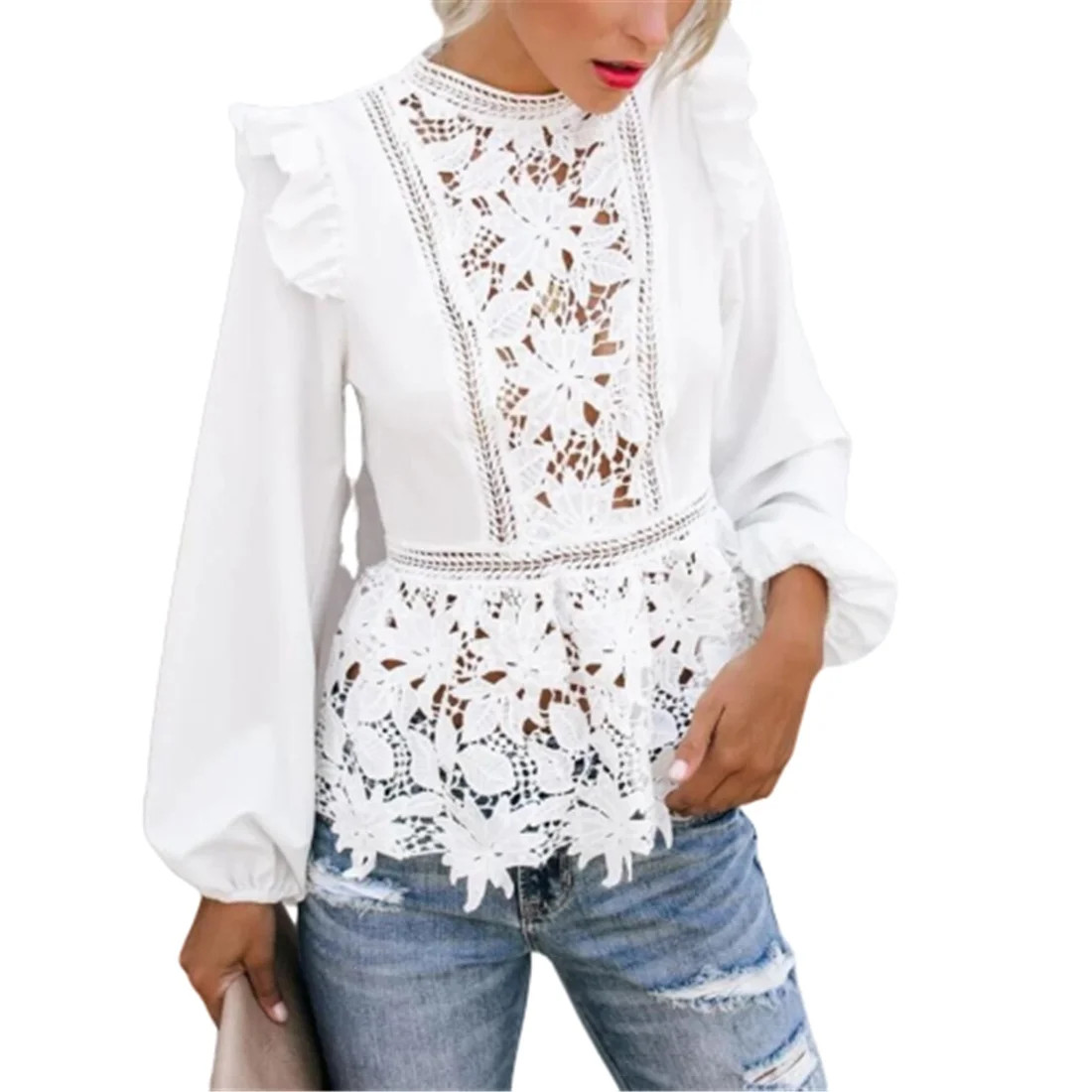 Women Elegant Long Sleeve Lace White Blouses Tops Summer Fall Retro Blouse Shirts | Walmart (US)