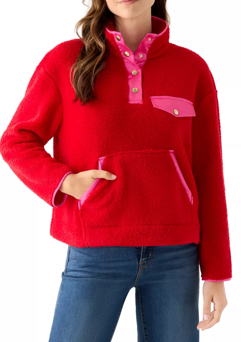 Crown & Ivy™Women's Long Sleeve Sherpa Pullover Button Down | Belk