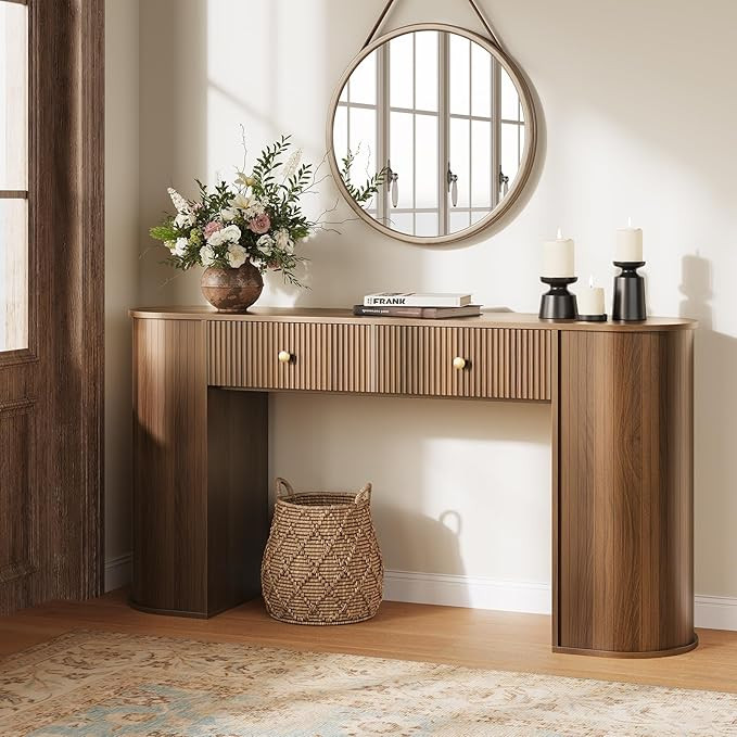 59" Fluted Console Table with 2 Drawers - Wood Entryway Table with Storage, Mid Century Modern Lo... | Amazon (US)