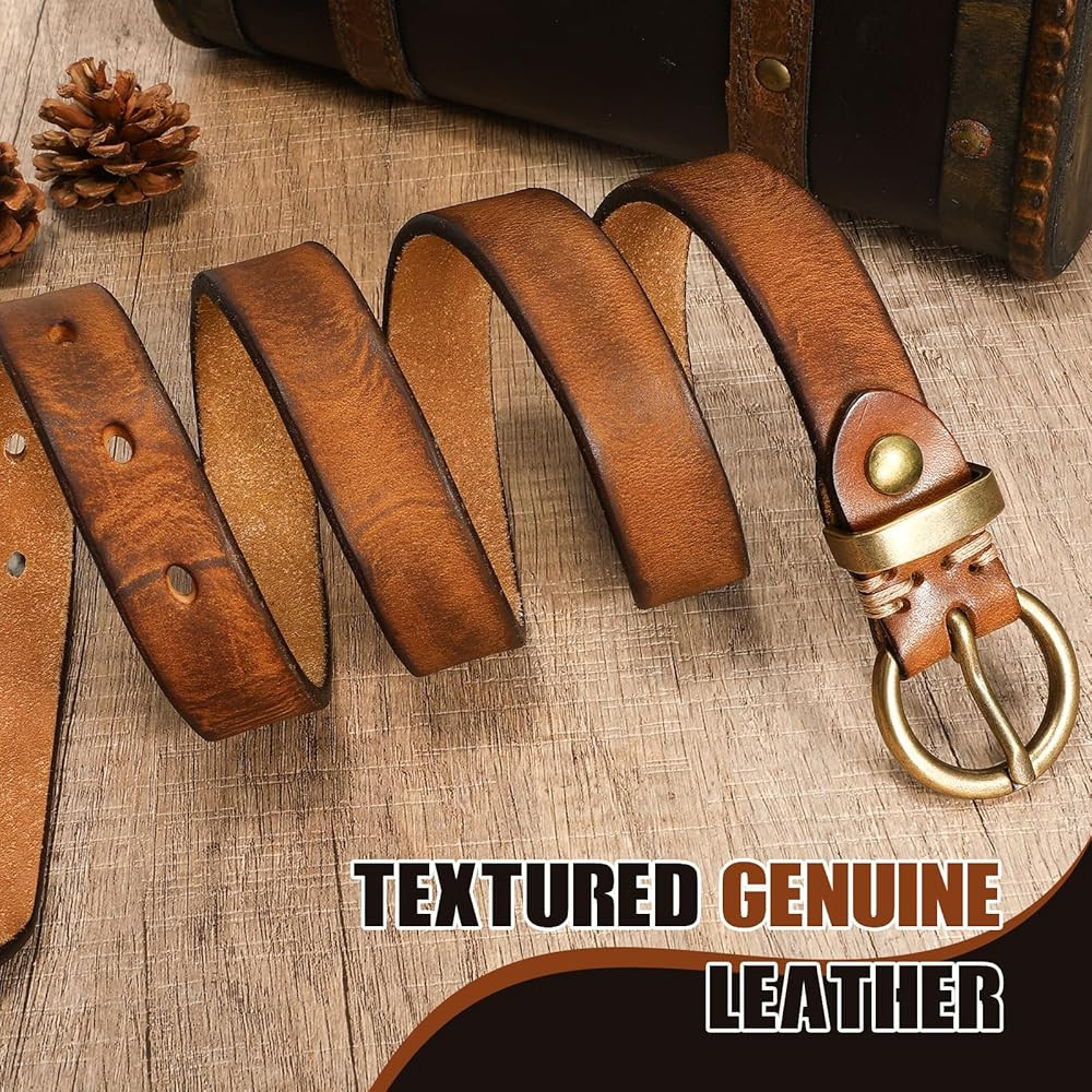 Womens Genuine Leather Belts for Jeans Pants Trendy Vintage Thin Leather Belt Gold Buckle Ladies ... | Amazon (US)