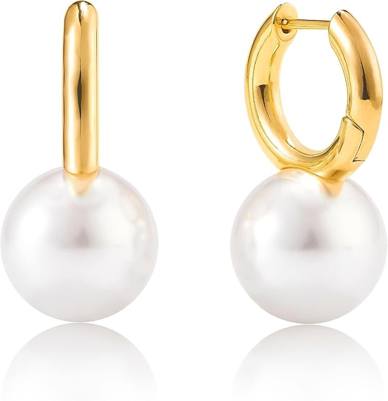 Kenivira Gold Pearl Hoop Earrings for Women | 18K Gold Huggie Earrings | Lightweight Small Gold H... | Amazon (US)