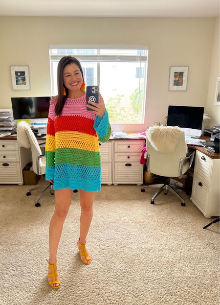 Summer outfit, rainbow outfit, swim coverup: Show Me Your Mumu rainbow pullover crochet dress and tassel earrings from Etsy. Wear this crochet pullover over a slip dress or bathing suit. 

#LTKStyleTip #LTKFindsUnder50 

#LTKSeasonal #LTKswim