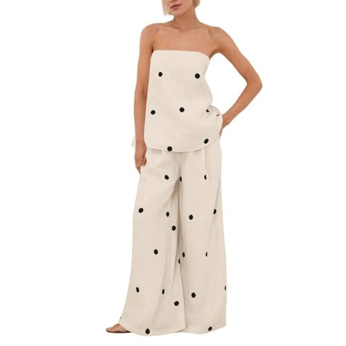 Women's Polka Dot 2 Piece Matching Set Strapless Bandeau Tube Top Elastic Wide Leg Pants Casual Summer Two Piece Outfit (Off-white,XL) | Amazon (US)