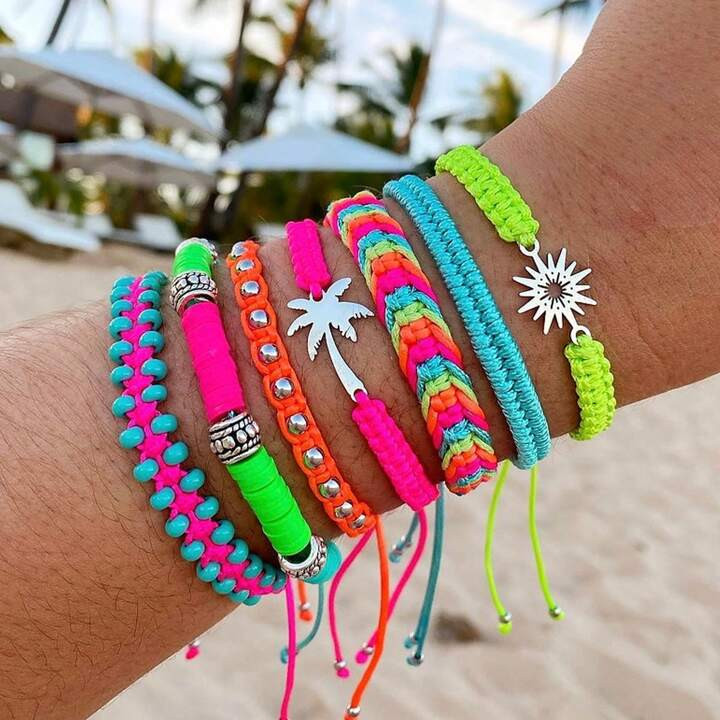 7pcs Hawaiian Style Beach Vacation Bracelet Set, Adjustable Women Bracelets With Colorful Artific... | SHEIN