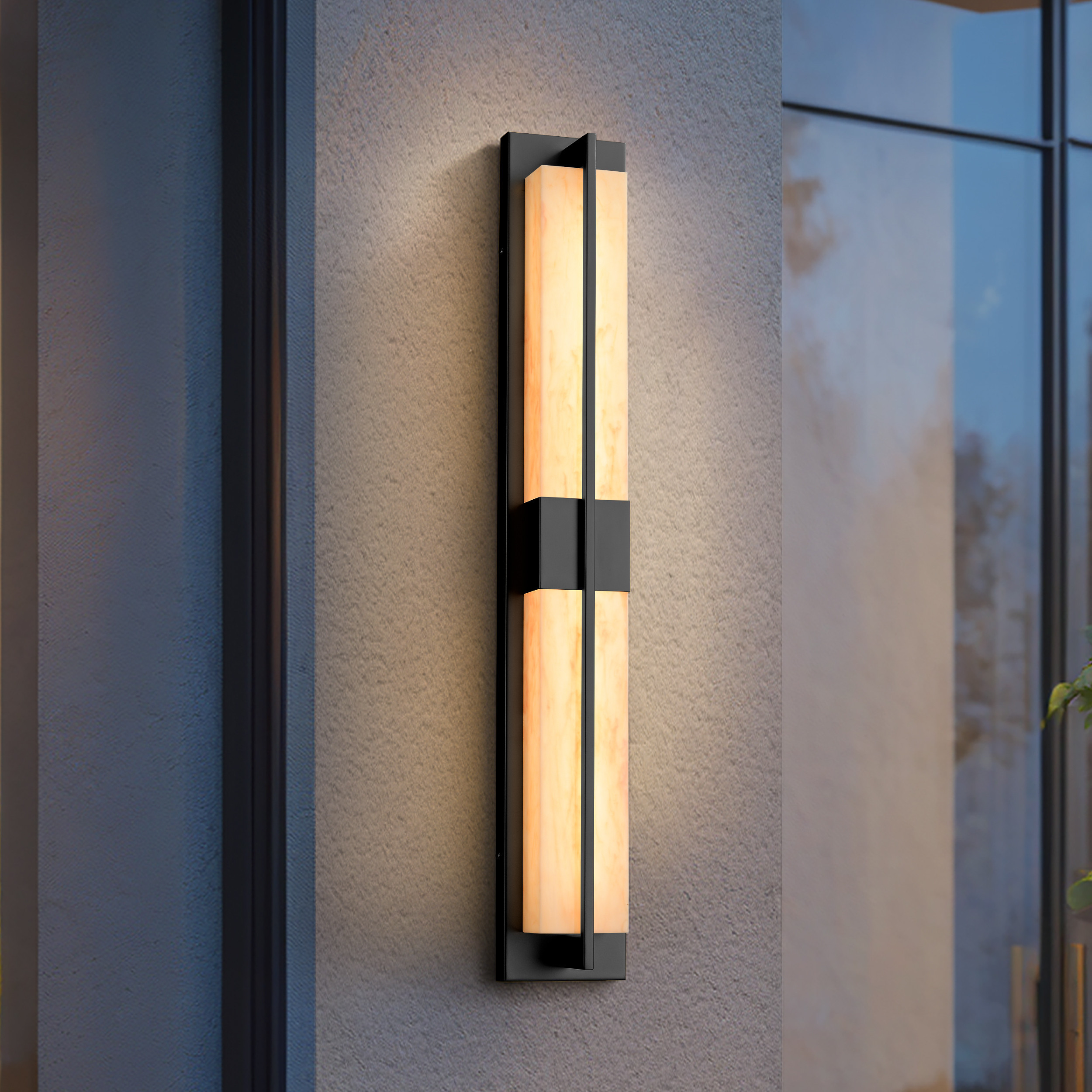 31"" Outdoor Wall Light with Matte Black Iron Frame & Beige Marble-Effect Acrylic Shade | Homary