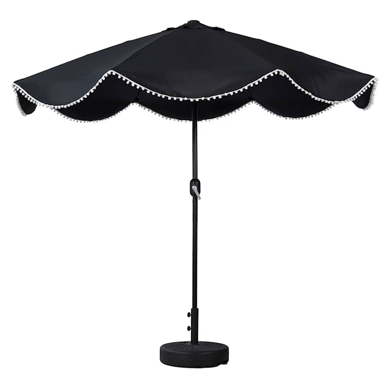 Black Crank & Tilt Round Outdoor Patio Umbrella with Pom-Pom Fringe, 9' | At Home