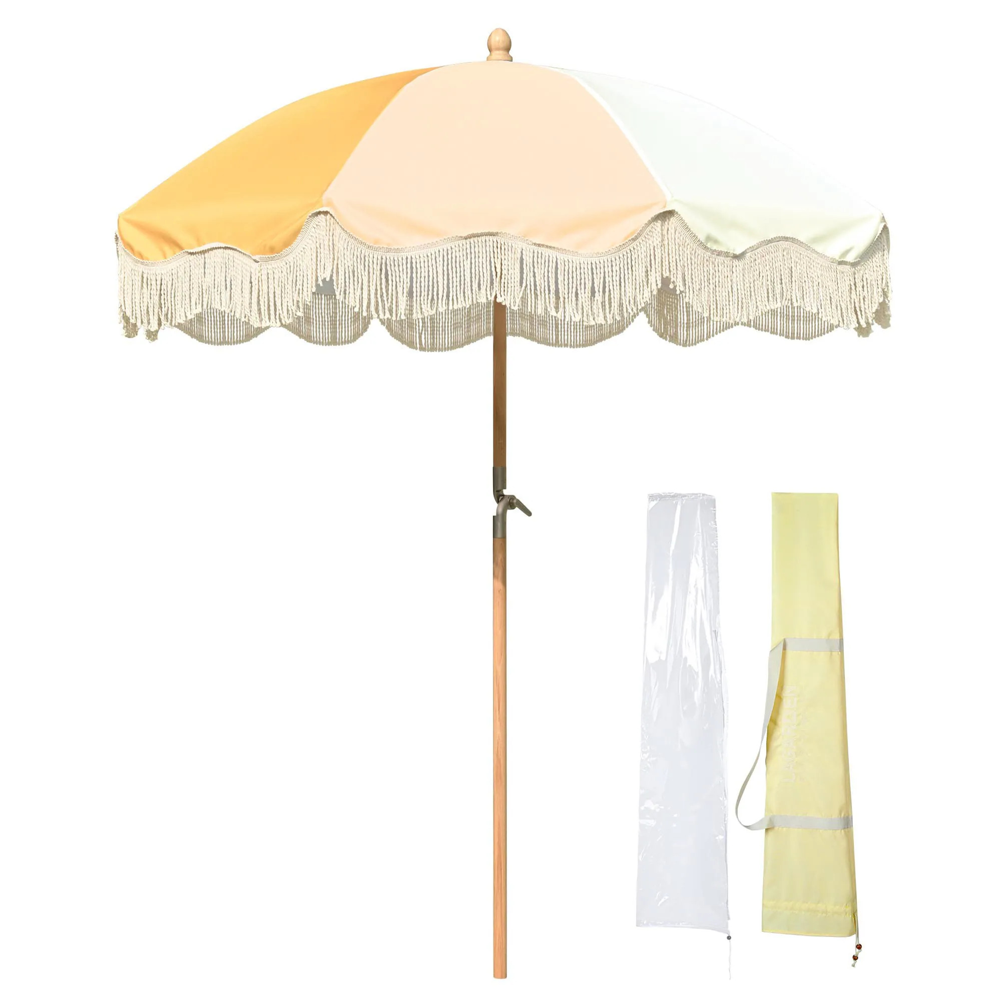 LAGarden 6-FT Fringe Patio Umbrella with Tassels Carry Bag Vintage Style Umbrella Wood Yellow Model PS6-01 Cotton one_size | 07LAU001-PS6-01-LO | Lowe's