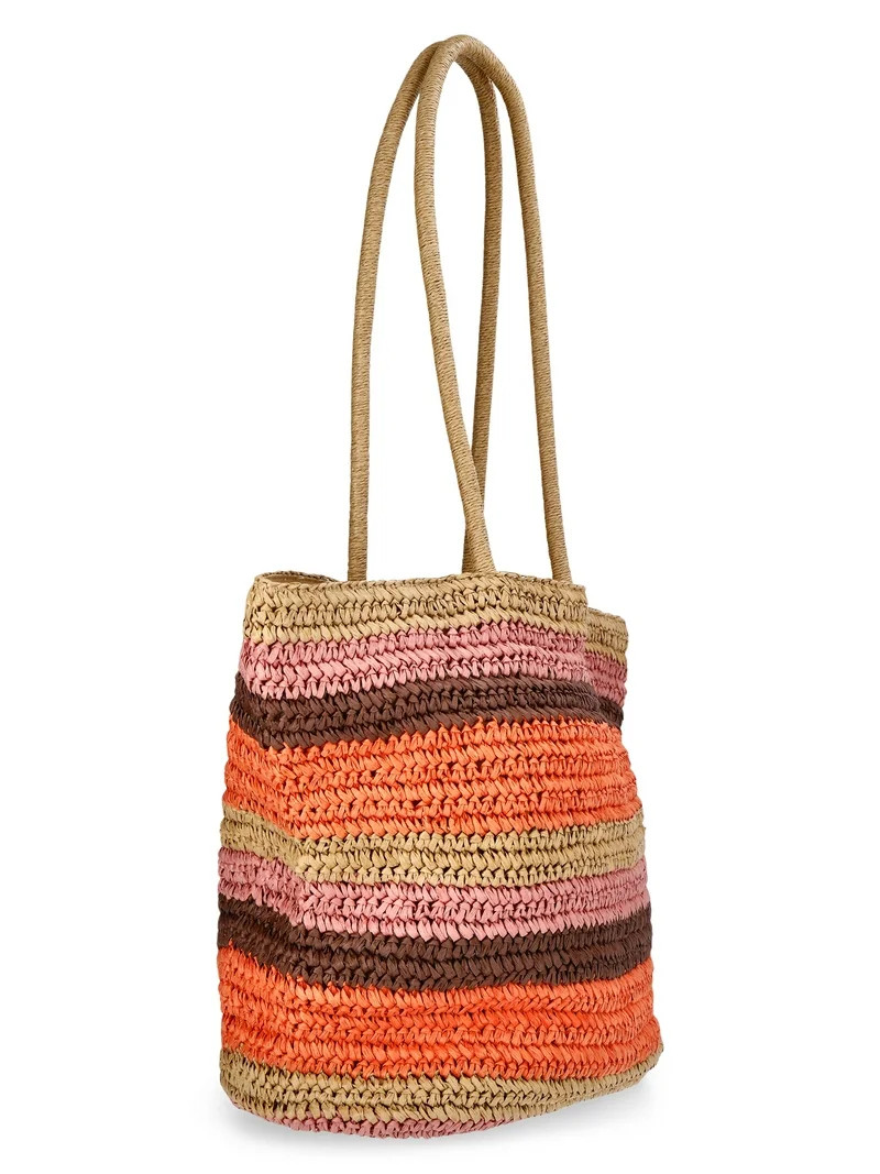 Time and Tru Women's Striped Straw Tote Bag, Peach | Walmart (US)
