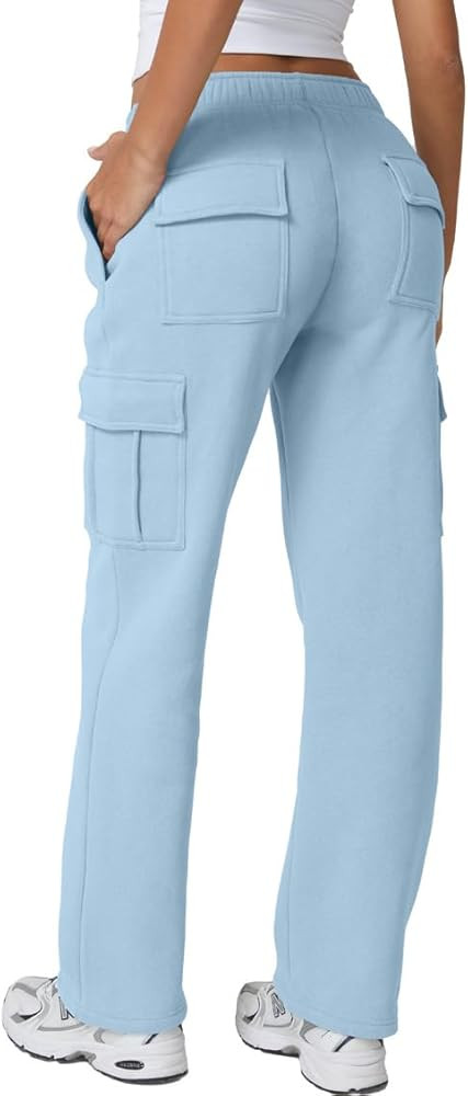 QINSEN Womens Medium Waist Baggy Elastic Waist Sweatpants Casual Fleece Long Pants with Pockets | Amazon (US)