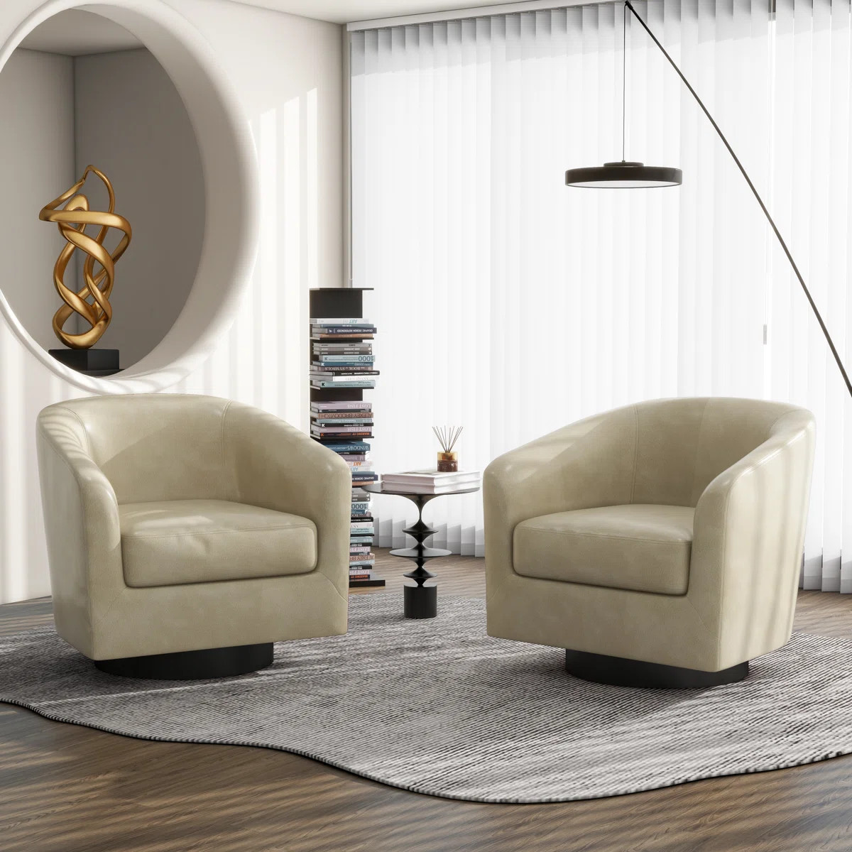 Applewold Upholstered Cream Faux Leather Swivel Barrel Chair with Solid Wood Base (Set of 2) | Wayfair North America