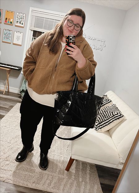 Cozy plus size Christmas gathering outfit! Wearing a striped t-shirt from Old Navy (4X), a cozy jacket from Old Navy (4X), a pair of black lounge pants from Free Label (linked similar), a pair of Dream Cloud boots from Lane Bryant (linked similar), and glasses from Warby Parker

#LTKcurves #LTKSeasonal #LTKstyletip