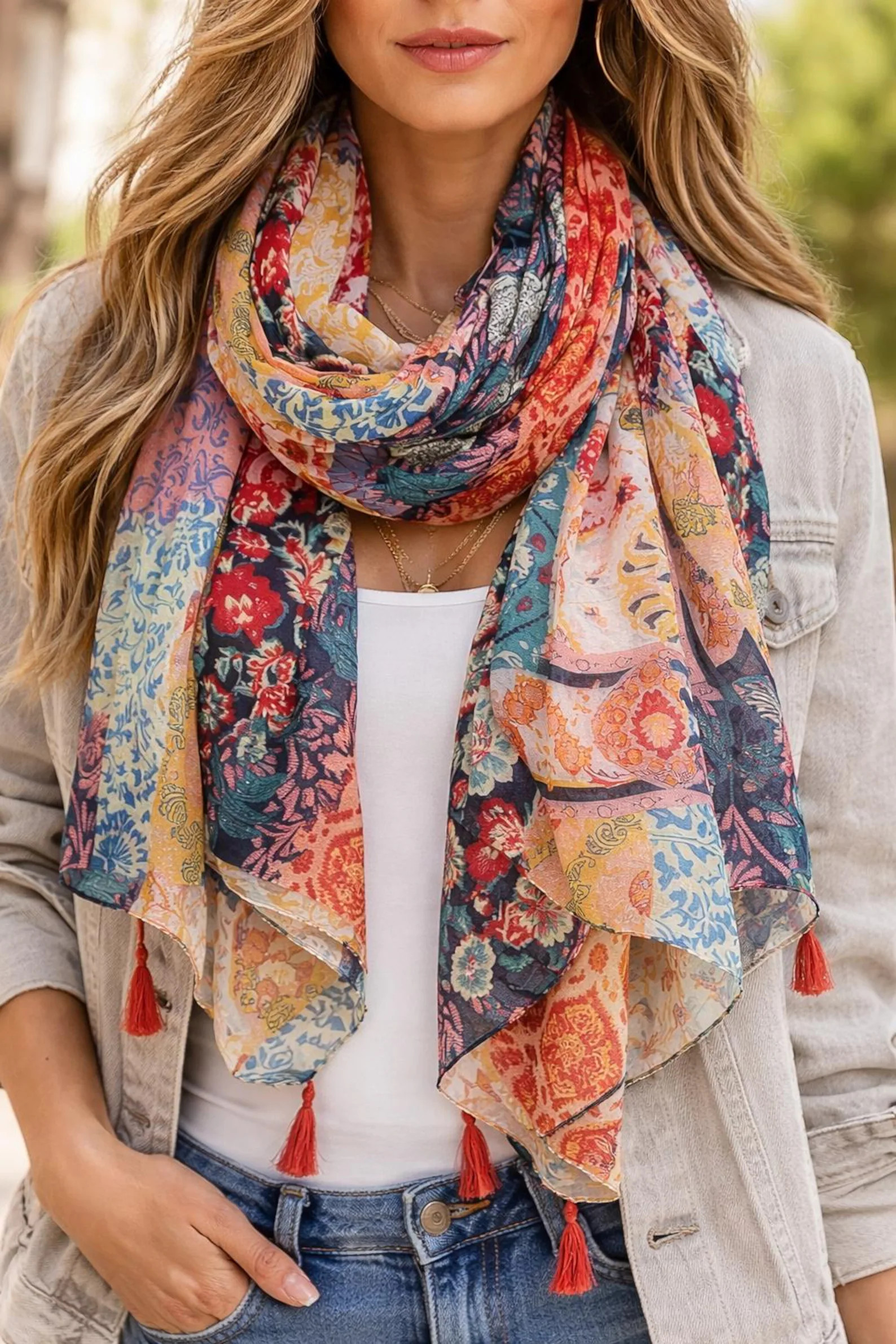 Boho Patchwork Tassel Scarf | Lightweight Polyester Shawl | Etsy (Global)