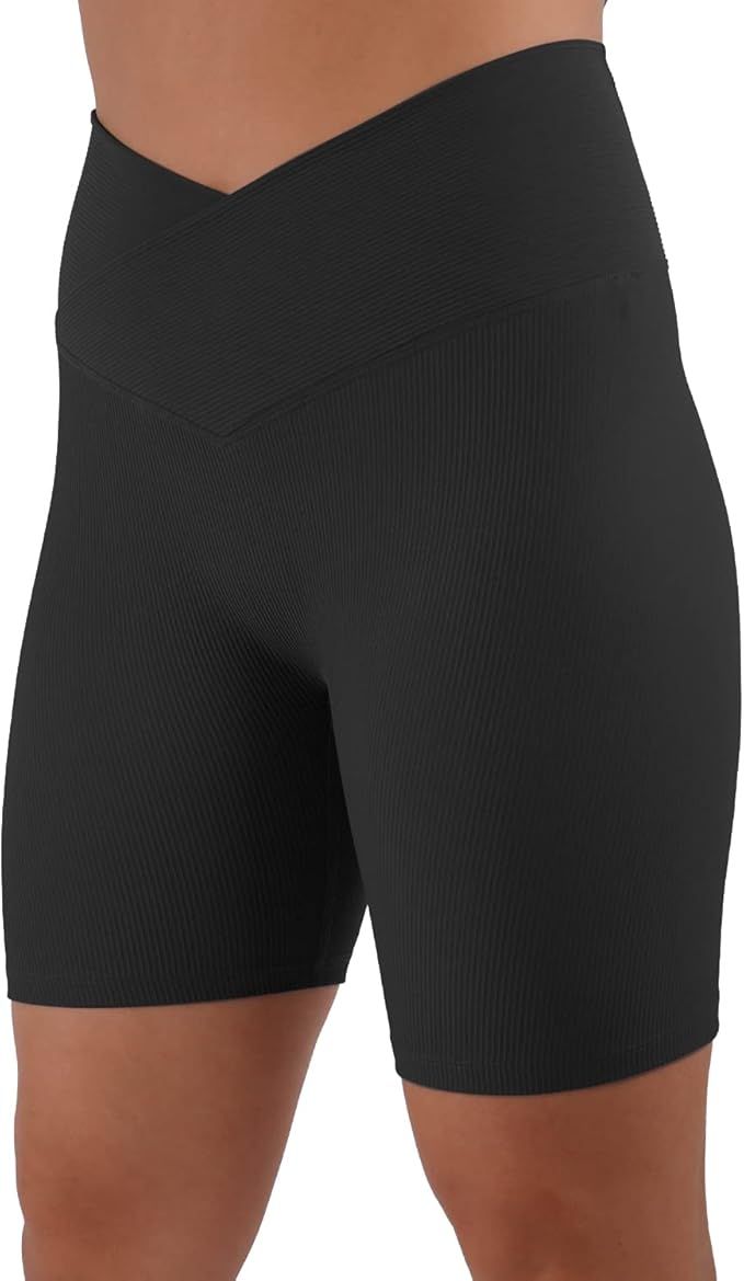 Womens 5" Crossover Workout Shorts High Waisted Ribbed Butt Lift Biker Running Compression Yoga S... | Amazon (US)