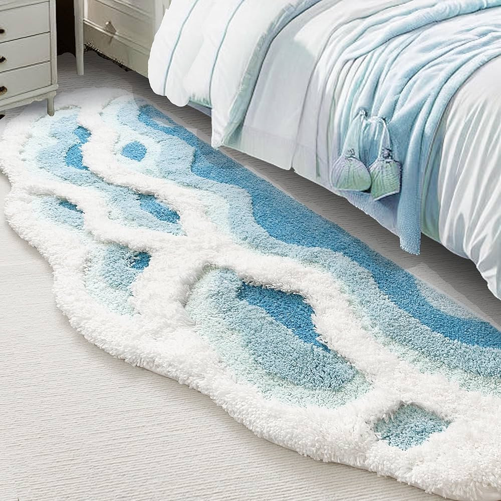 Soft Shag 3D Stereo Wave Moss Bedside Rug 20"×36" Cute Navy Blue Runner Rug Non Slip Washable Ba... | Amazon (US)