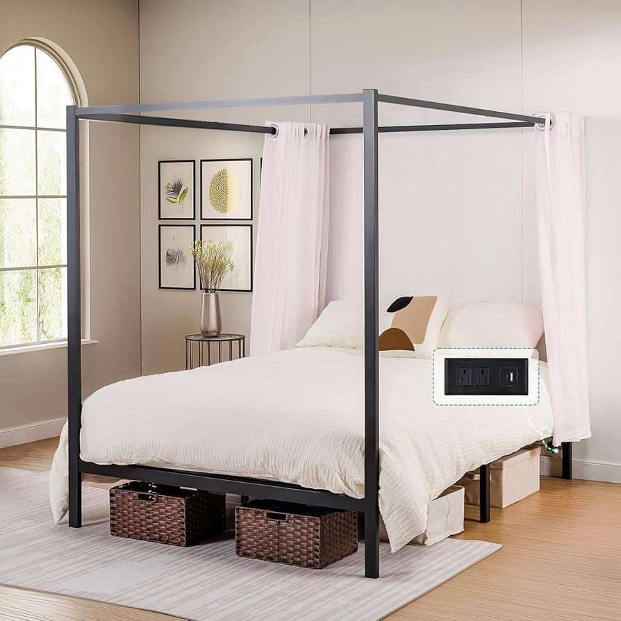 COMHOMA Canopy Bed Frame, Metal Bed with Movable Charging Station, Elegant Four-Poster Design, Bu... | Amazon (US)