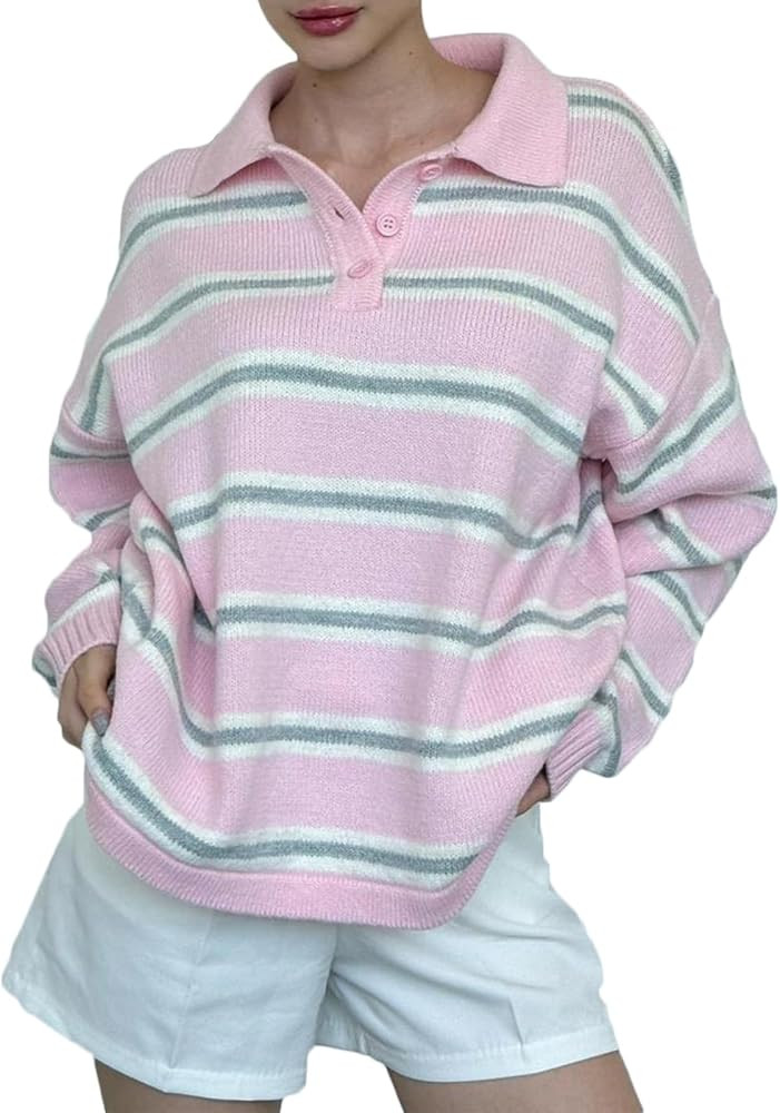 Women Striped Rugby Sweater Y2K Long Sleeve Knit Polo Shirt Fall Vintage Aesthetic Collared Pullo... | Amazon (US)