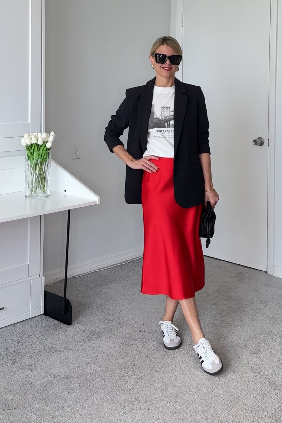 Red  satin skirt with a graphic tee, blazer and Adidas 

#LTKSeasonal #LTKfindsunder50 #LTKparties