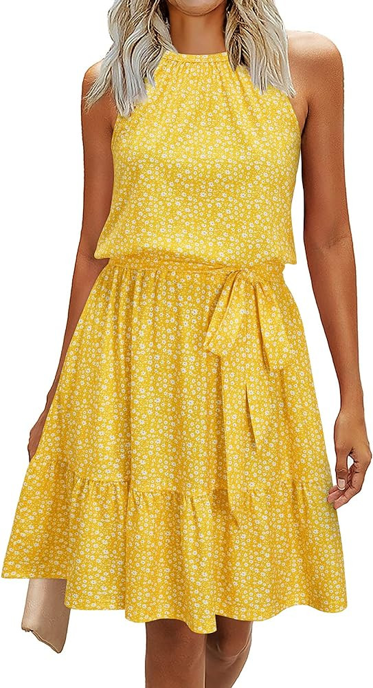 Newshows Womens 2025 Summer Dress Halter Wedding Guest Casual Beach Vacation Outfits Belted Sundr... | Amazon (US)