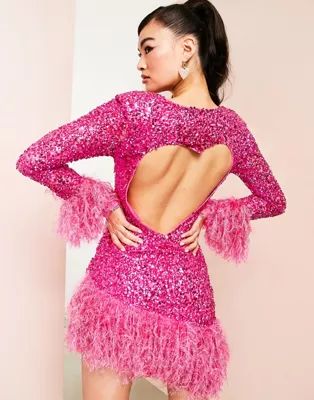ASOS LUXE embellished sequin mini dress with heart back cut out & feather trim in pink | ASOS (Global)