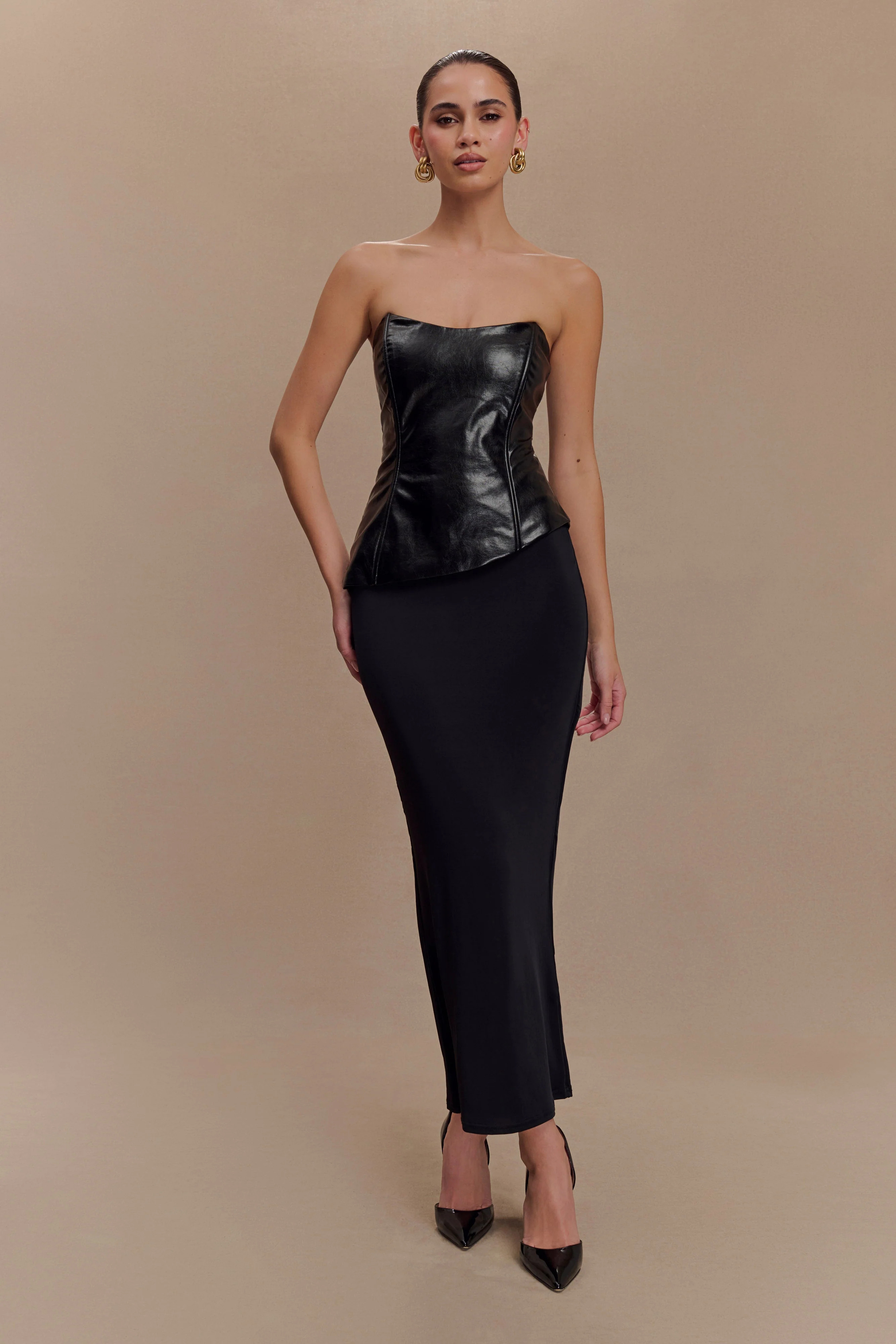 Faux Leather Strapless Top - Black | MESHKI US
