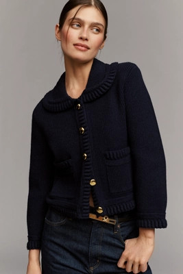 English Factory Three-Quarter Sleeve Collared Braided-Detail Cardigan Sweater | Anthropologie (US)