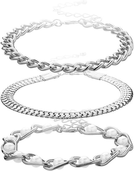Punk Fashion 14k Gold Silver Plated Chunky Thick Chain Link Bracelet Set for Women Girls Jewelry ... | Amazon (US)