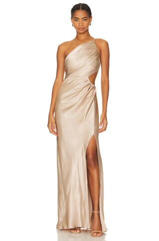 La Lune Asymmetrical Gathered Maxi Dress in Gold | Revolve Clothing (Global)