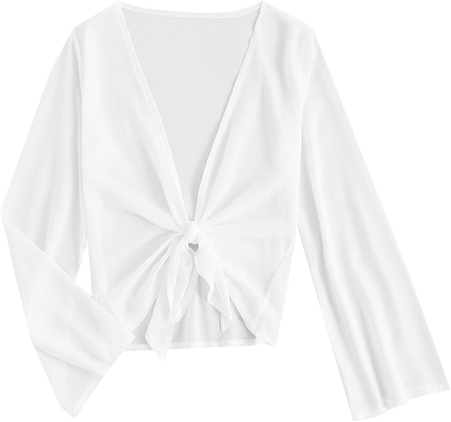 ZAFUL Womens Tie Hem Crop Top Cover Up Semi Sheer Shrug Blouse | Amazon (US)