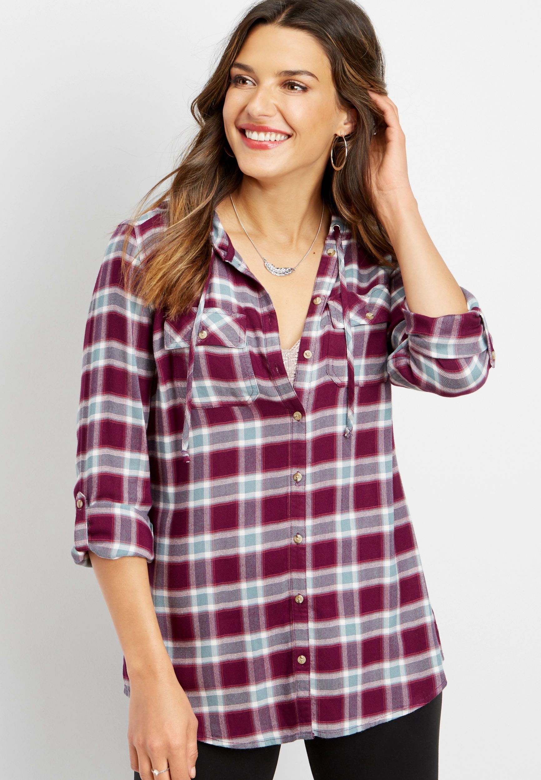 Hooded Plaid Button Down Tunic Shirt | Maurices