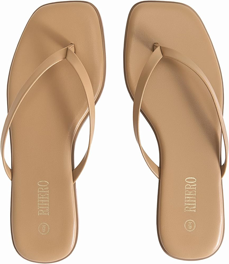 Rihero Flip Flops for Women Comfortable Square Toe Beach Sandals Slip On Leather Thong Flat Sanda... | Amazon (US)