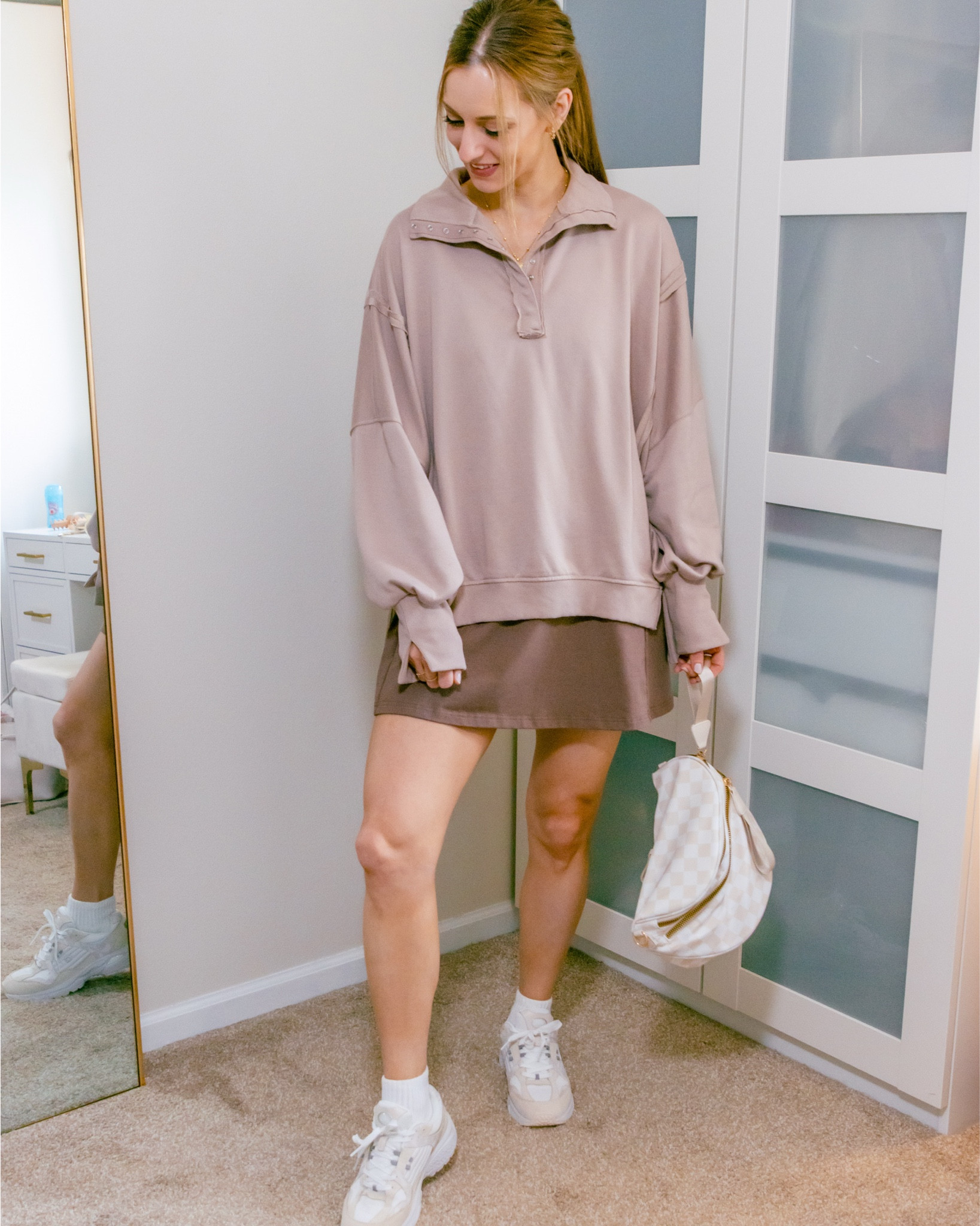 Chilly morning ➡️ hot afternoon 
This jumper dress is incredibly comfy! It has a built in romper, so no worries about exposing anything you don’t want to!
I’m in a size small.
I love the handbag so much that I ordered it in 2 other colors as well!




#LTKFindsUnder50 #LTKSeasonal #LTKStyleTip