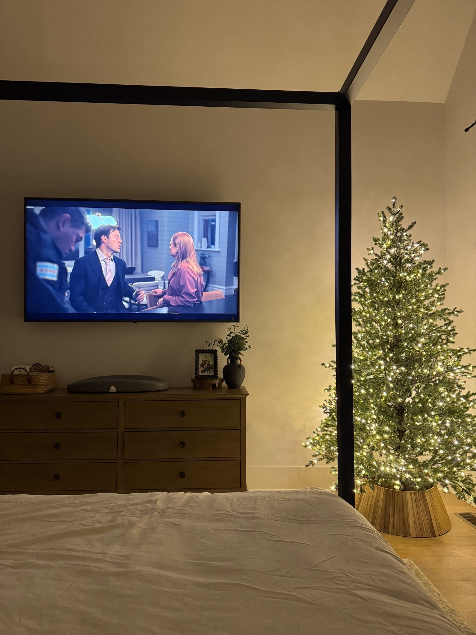 Pre-lit twinkling 7.5 ft elegant grand for viral Home Depot tree, cozy bedroom
Tree, canopy bed, wooden dresser, Christmas bedroom 

#LTKHoliday