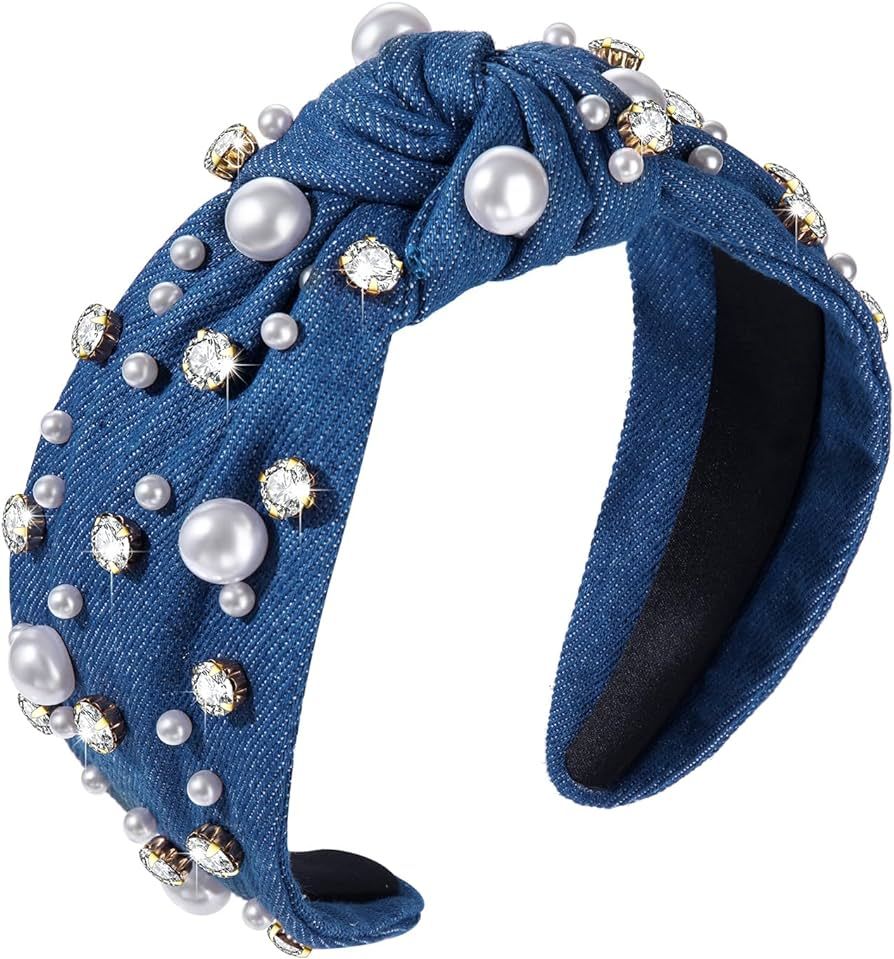 Pearl Knotted Headband for Women White Pearl Rhinestone Jeweled Hairband Fashion Ladies Wide Brid... | Amazon (US)