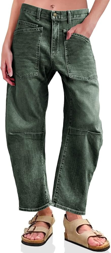 PLNOTME Womens Baggy Barrel Horseshoe Jeans High Waisted Wide Leg Vintage Denim Pants with Front ... | Amazon (US)