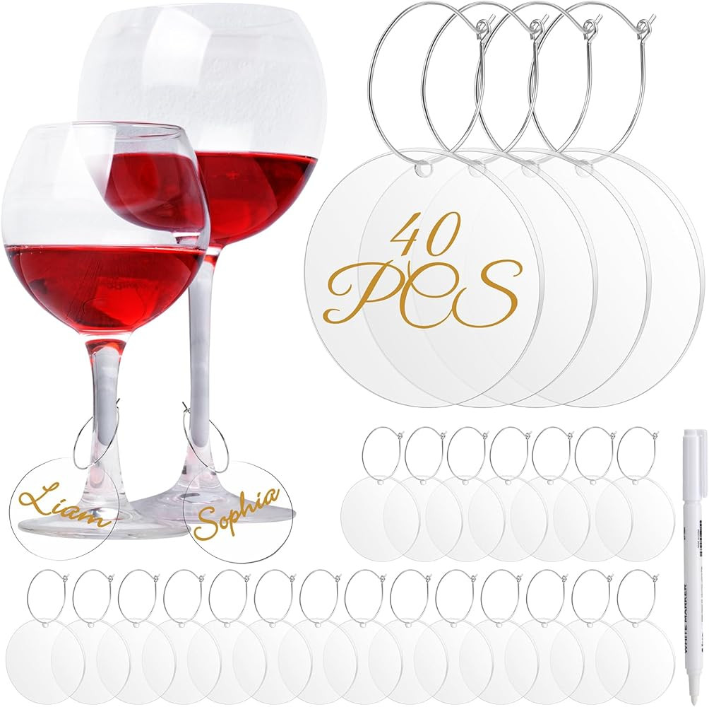 Tondiamo 40 Pcs DIY Wine Charms for Glasses Acrylic Wine Charms with Rings Tags Marker Pen Blank ... | Amazon (US)