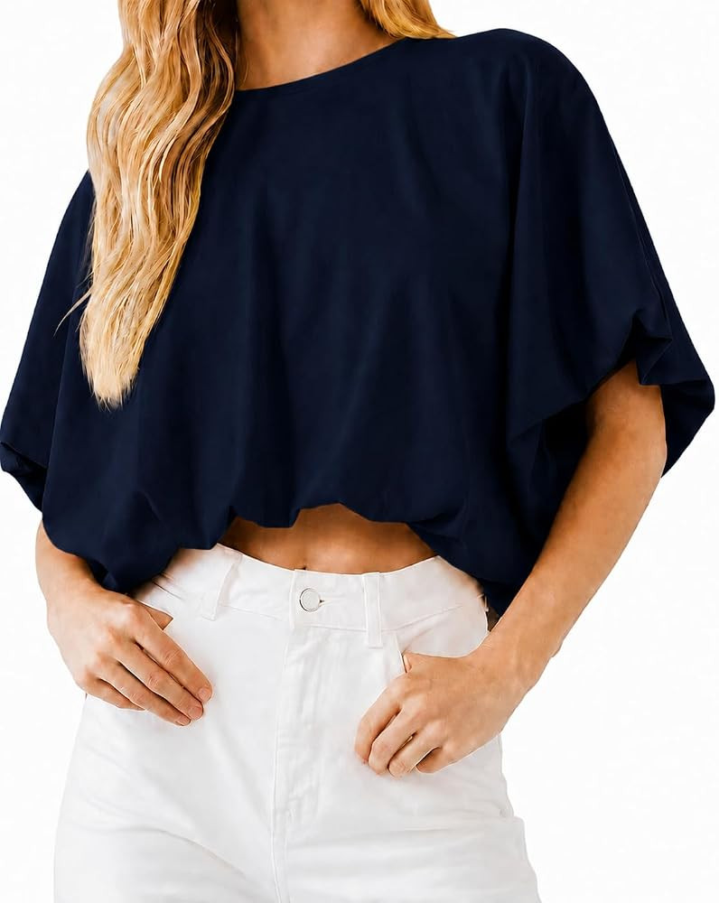 Women's Bubble Hem Crop Tops Summer Short Sleeve Crewneck Loose Fit Casual Cropped T Shirts Soft ... | Amazon (US)