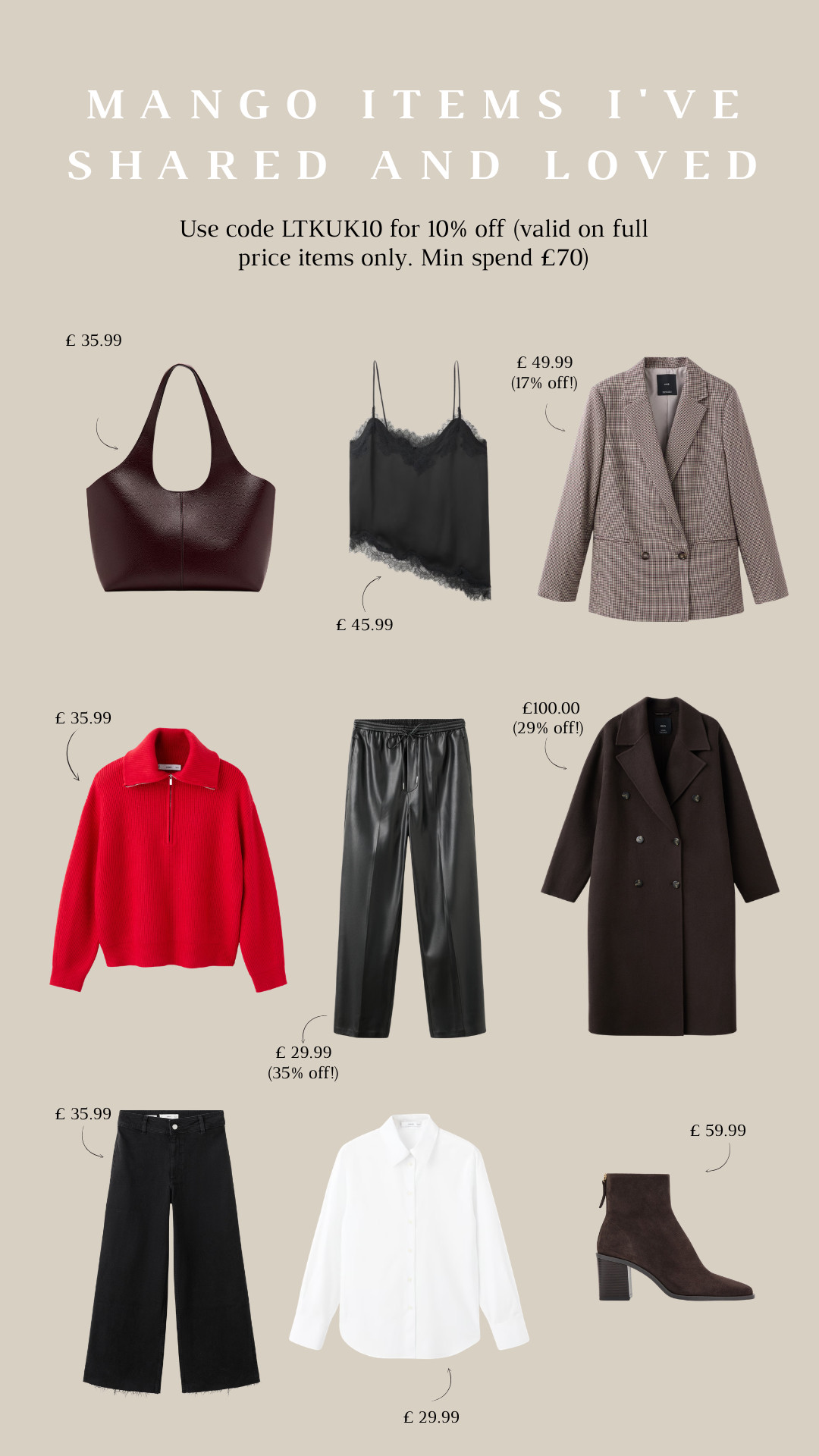 Mango Items I've Shared And Loved. Use code LTKUK10 for 10% off (full price items only, min spend £70)
Shopper Bag, Lace Cami, Check Blazer, White Shirt, Boots 

 #LTKuk #LTKeurope #LTKsale
